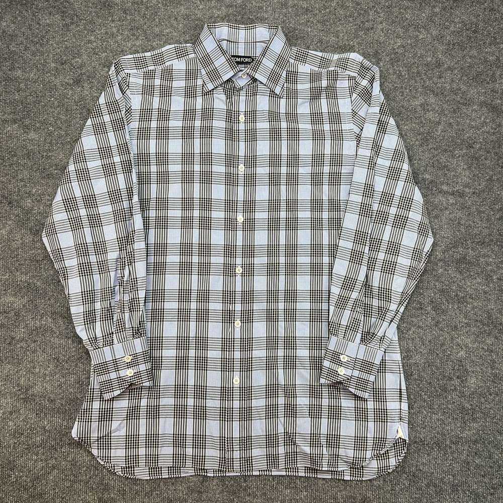Tom Ford Men's Dress Shirt Size 41/16 Blue Plaid 100% Cotton